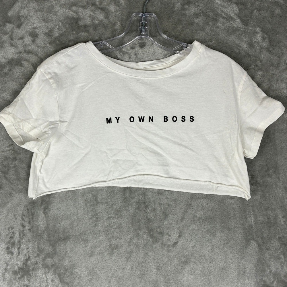 Bershka Womens My Own‎ Boss Graphic Crop Top White Short Sleeve XS Raw Hem